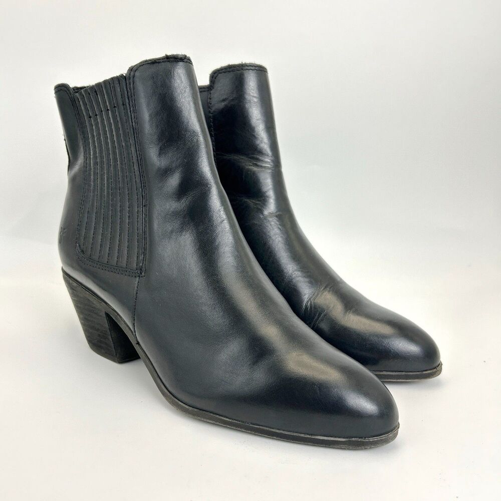 Frye Sandra Ankle Boots Womens 8 Black Leather Stretch Pull On Block Heel Bootie - Picture 2 of 7